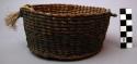 Basket, coiled and woven plant fiber, resin coated, twisted fiber cord attached