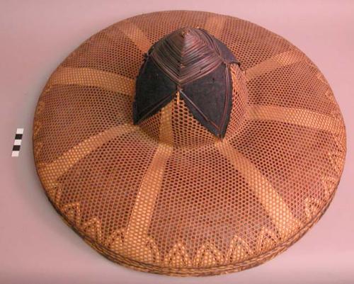 Large bamboo rain hat (black cloth in diamond design on crown)
