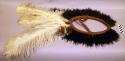 Headdress, oval leather headband, dark brown and buff ostrich plumes, 2 straps