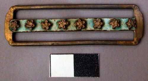 Brass (?) Buckle with Green Enamel and Floral Relief in Center