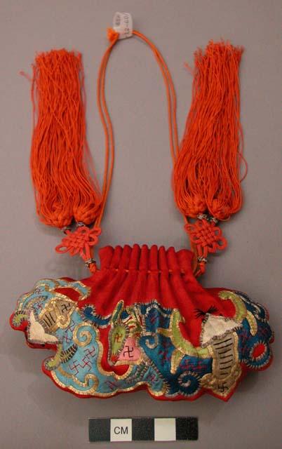 Gold Nugget-Shaped Embroidered Red Silk Purse with Silk Tassels