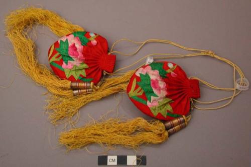 Pair of Red Heart-Shaped Silk Purses with Pink Peony Motifs