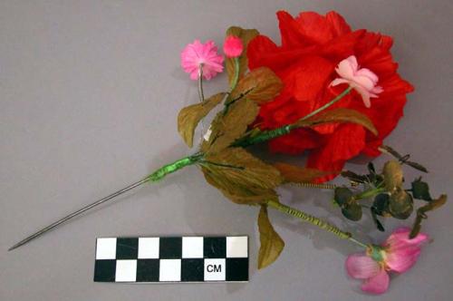 Hair Ornament with Large Red Silk Flower, and Small Pink and Metallic Flowers