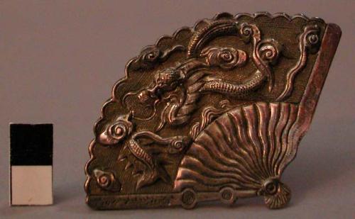 Two Fan-Shaped Silver Place Card Holders with Dragon Motifs