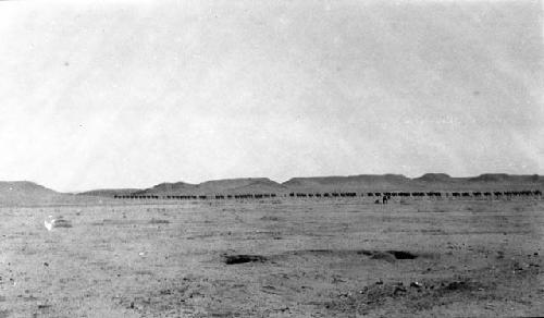 Camel caravan in desert by mountains