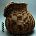 Wicker basketry jar, constricted neck, rounded body, w/ lid, bark-wrapped rims