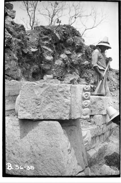 Reused sculpture stone, Structure 22; East side of mask entrance