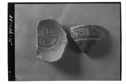 Two polychrome sherds from test pit 6-38, 1-2 meter level.