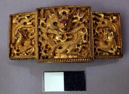 Two-Piece Gilt Metal (Belt?) Buckle with Three Dragons in Relief