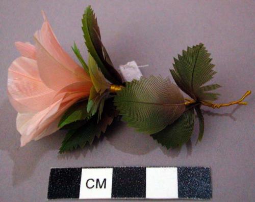 Eleven Flower and Leaf Ornaments of Feathers Wrapped on Wire with Paper or Silk