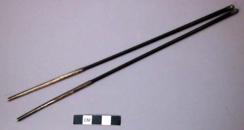 Two Pairs of Long, Narrow Wooden Chopsticks with Silver Tips and Ends from a Set