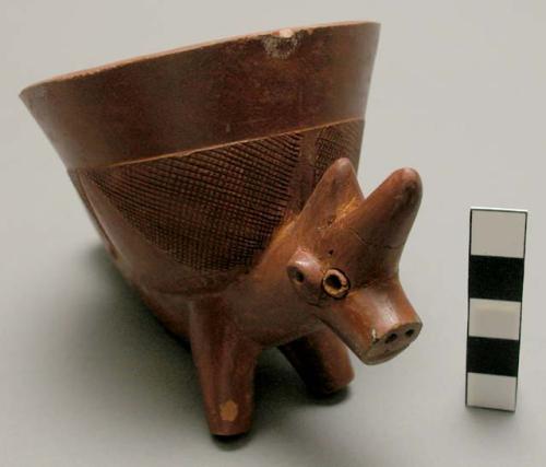 Red clay pipe bowls, decorated with animal figures - 4 antelope(?) 1 water buffa