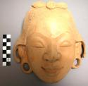 Carved wooden mask of Balinese girl - hooked curls over ears