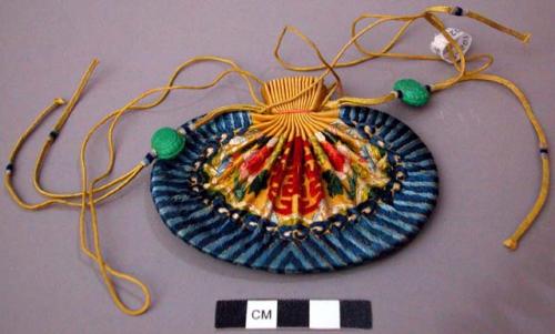 Yellow Silk Purse with Petit-Point Embroidery, Silk Cords, and Ceramic Beads