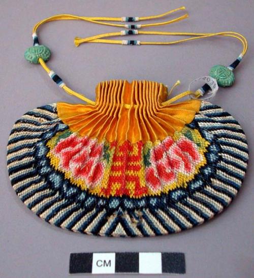 Round Embroidered Silk Purse with Longevity Motif, Silk Cords, and Ceramic Beads