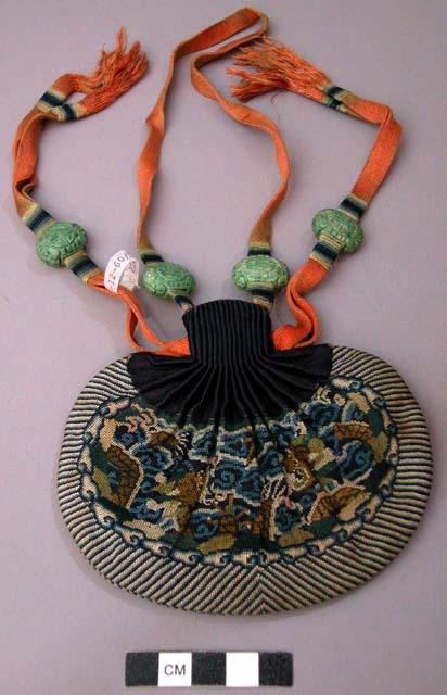 Round Blue Silk Purse with Petit-Point Embroidery, Silk Cords, and Ceramic Beads