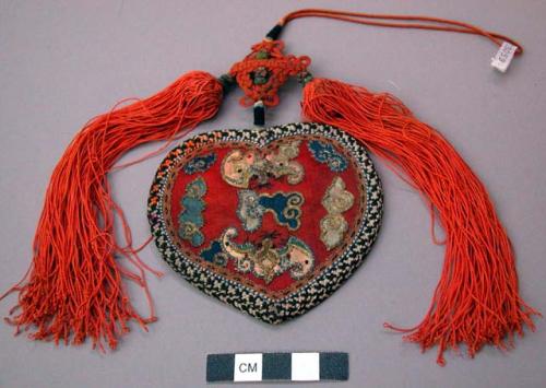 Heart-Shaped Embroidered Mirror with Bat and Cloud Motif