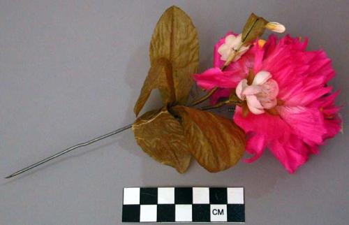 Hair Ornament with Silk and Fabric Flowers and Butterfly Attached to Center