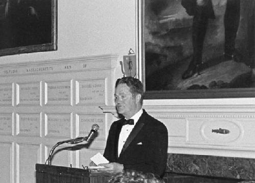Prof. Evon Vogt at podium at Dinner in honor of Gordon Willey, April 26, 1983