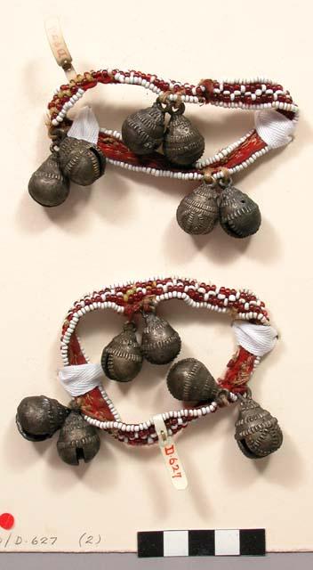 Leg band, cloth band covered with glass beads, six dangling brass bells