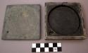 Box, ink well, with lid, ground stone, square, circular well, chipped