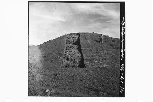 N96-98 trench cut into W side of Mound 4.  Photo from N96.5W looking E.  Eroded