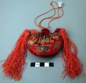 Heart-Shaped Embroidered Red Silk Purse with Silk Tassels