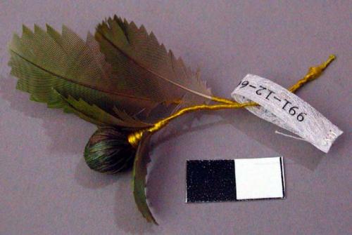 Eleven Flower and Leaf Ornaments of Feathers Wrapped on Wire with Paper or Silk