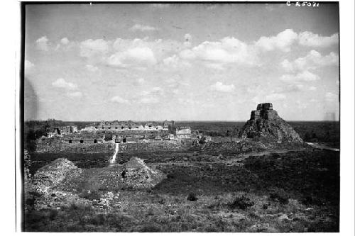 Panorama from platform of Governor's Palace showing Ball Court in front, Monjas