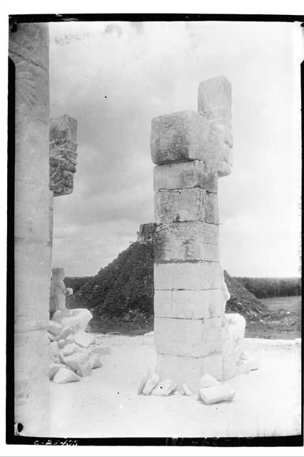 Behind serpent columns at the Temple of Warriors