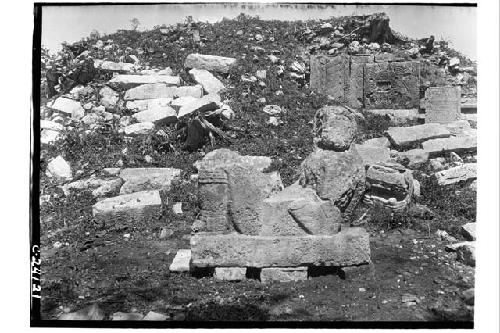 Platform of the Cones - Chac Mool on E. side after repair