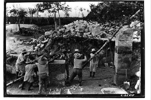 Repair of column at the Temple of Warriors