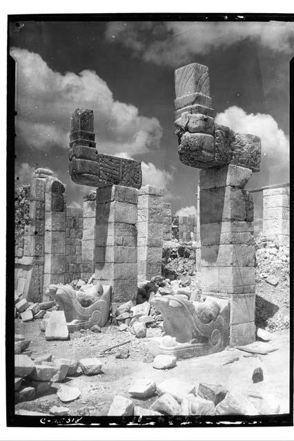 Serpent columns at the Temple of Warriors