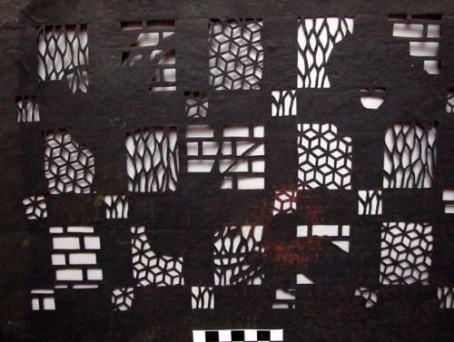 Stencil, Katagami, treated paper, hand cut, geometric gridded pattern