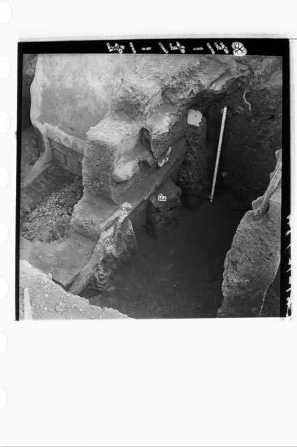 Section N71.17W as excavated to Plaza floor, showing carved stone rabbit (?) in