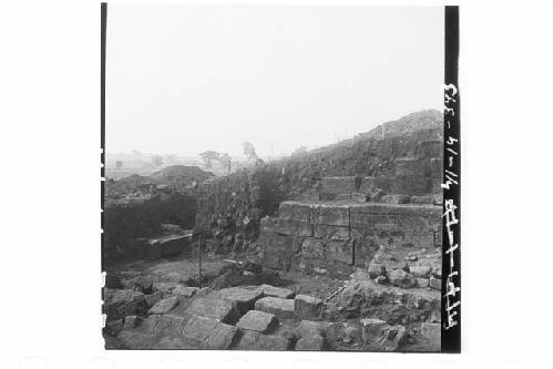 N wall of platform and stones of N ext. wall as collapsed.  Mound 8-N.