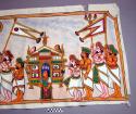 Painting, polychrome on canvas, human figures carrying banners and shrine