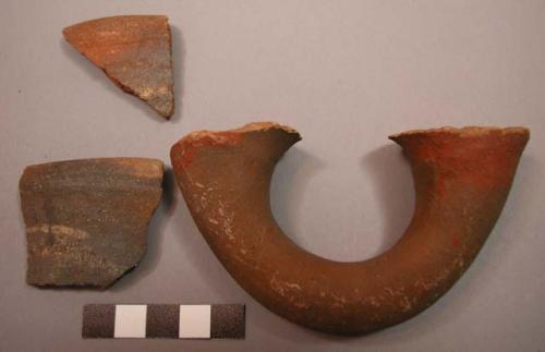 Sherds, ceramic, two rim and one handle sherd, redware, red paint on handle