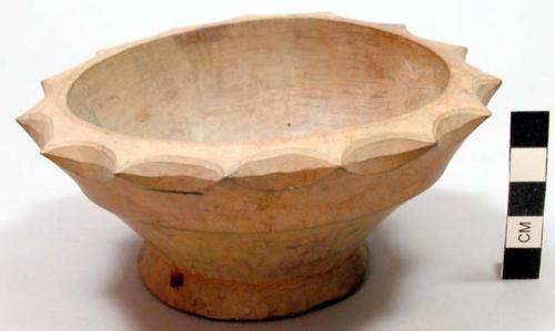 Wood bowl, scalloped rim, perforated pedestal base
