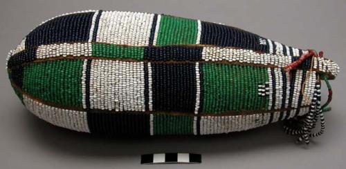 Beaded gourd container - squares of white, blue and green beads