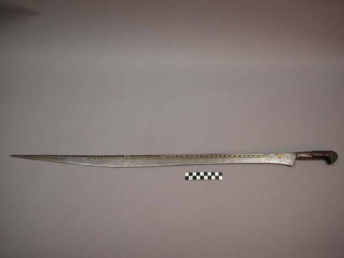 Sword ("takuba") with inlaid brass design, wooden handle, 36.25" L x 1.5" W