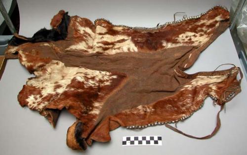 Skin skirt of married woman, decorated with metal beads, part of the fur removed