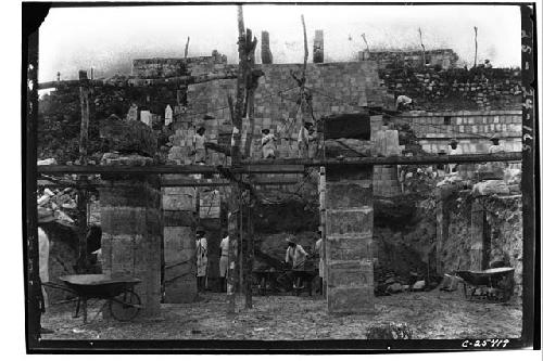 Repair of columns and excavation in front of stairway at Warriors