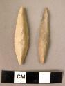 2 flint narrow, elongated, leaf-shaped, double-ended points with triangular sect