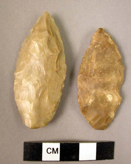 2 flint bifacially concussion-flaked, leaf-shaped points