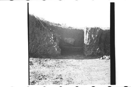 Stone head in ballcourt