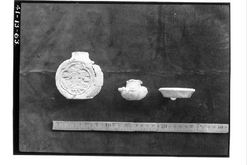 Pottery; minature [sic], stamped flask; effigy jug and plate, first two from roa