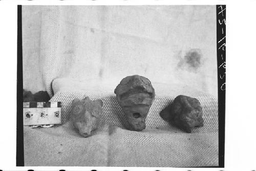 Three Pottery Whistles;  Head Effigies