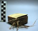 Small basketry box with folding lid. Used to hold lime. Made of red, +
