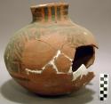 Ceramic jar, black on orange exterior, short flared neck, reconstructed, 3 sherd